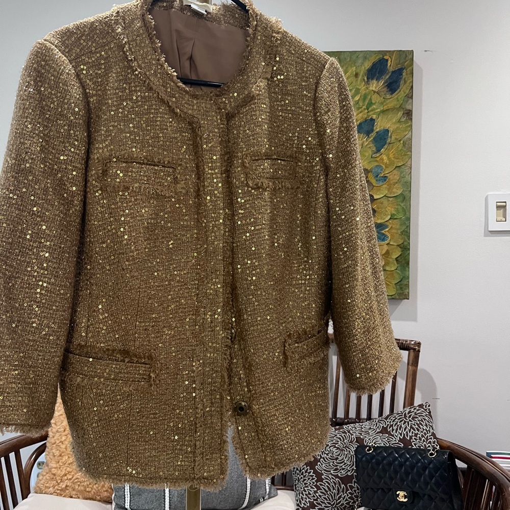 Chico's Gold Metallic Tweed Collarless Jacket